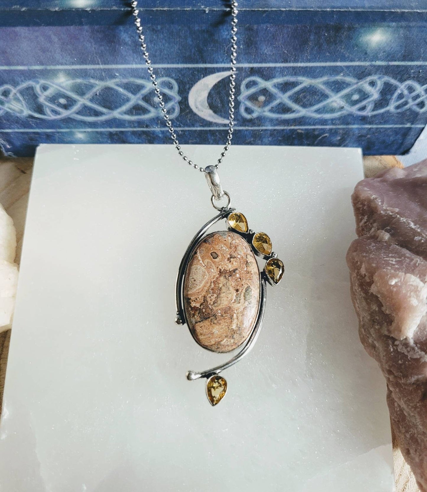 Leopard skin jasper and citrine pendant 925 silver healing crystal necklace witchy jewellery