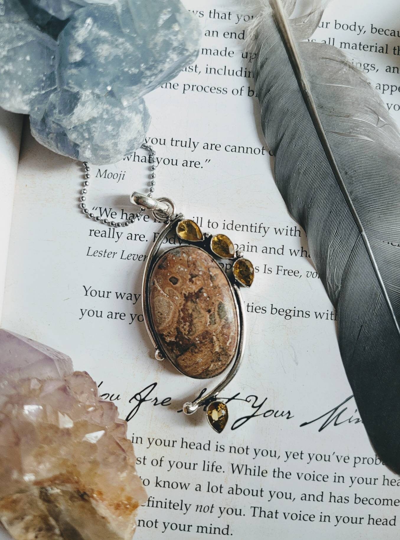 Leopard skin jasper and citrine pendant 925 silver healing crystal necklace witchy jewellery