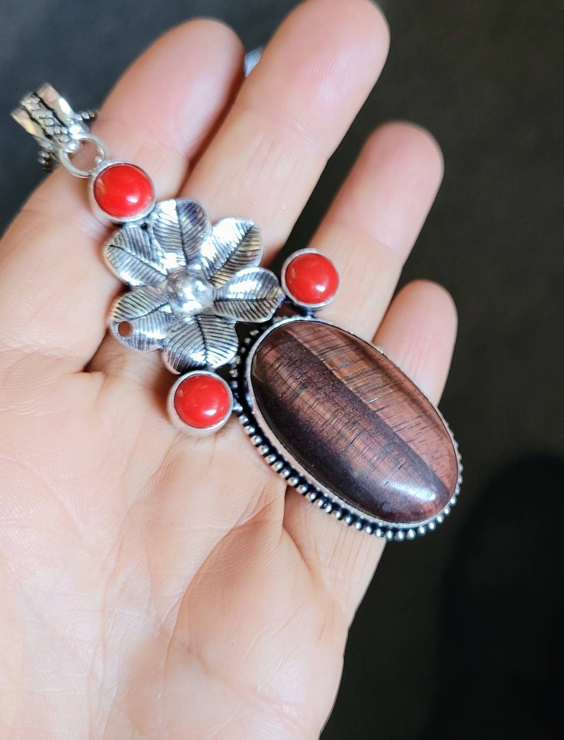 Red tigers eye and red coral pendant necklace 925 silver natural stone crystal healing jewellery for women grounding root chakra witchy