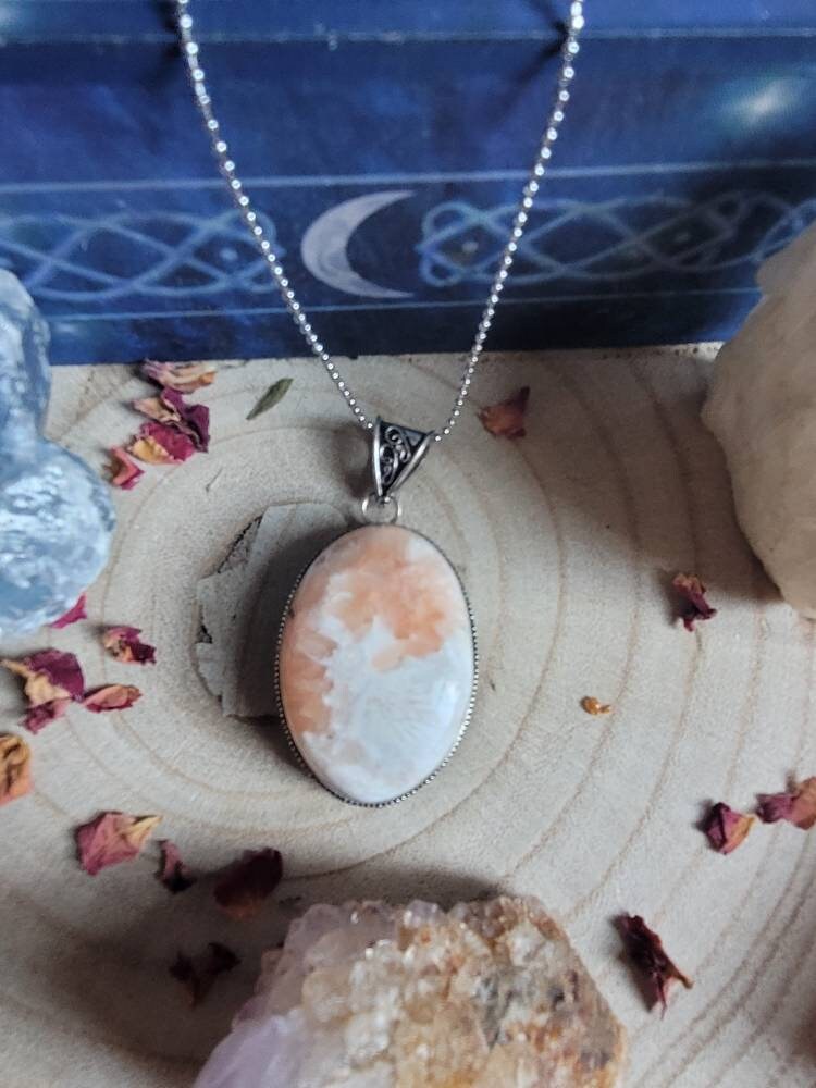 Peach Scolecite necklace pendant in 925 silver Crystal healing natural stone