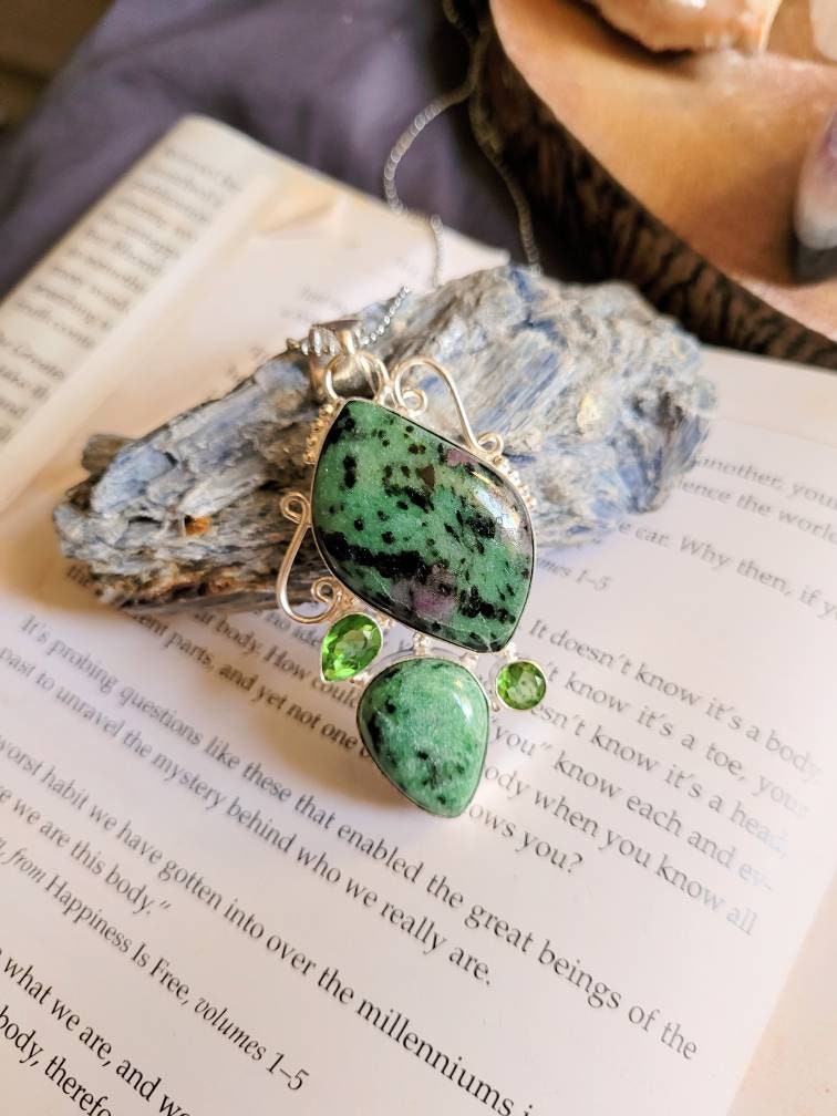 Ruby In Zoisite and peridot pendant in 925 silver Necklace Crystal healing natural stone epidote