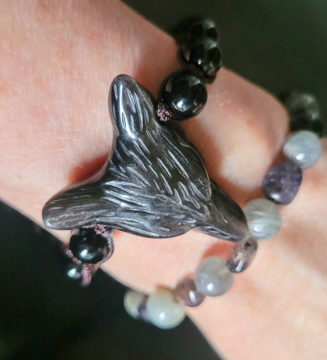 Black Obsidian bracelet wolf head adjustable natural stone crystal healing witchy jewellery