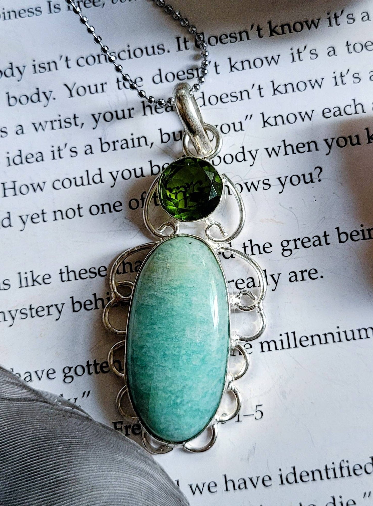 Amazonite pendant necklace with green topaz in 925 silver crystal healing natural stone polished