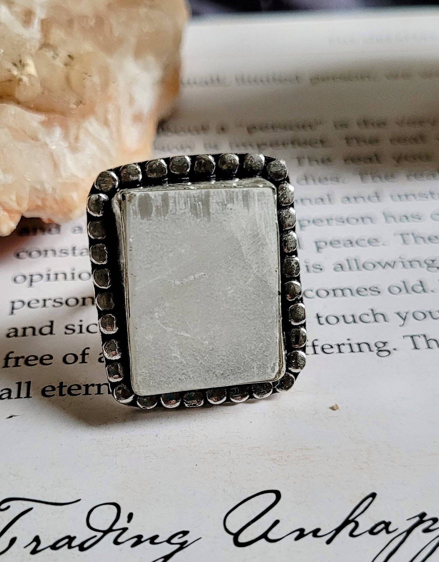 Selenite ring in 925 silver only size 8/P crystal healing natural stone cleansing