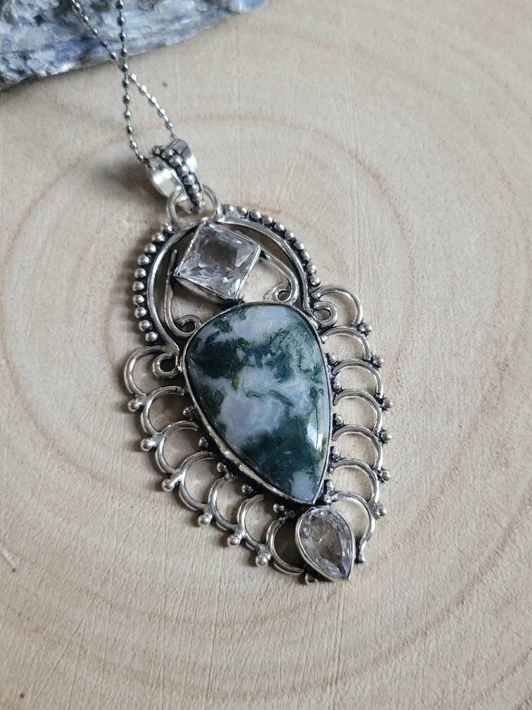 green moss agate necklace with clear topaz in 925 silver pendant crystal healing natural Stone