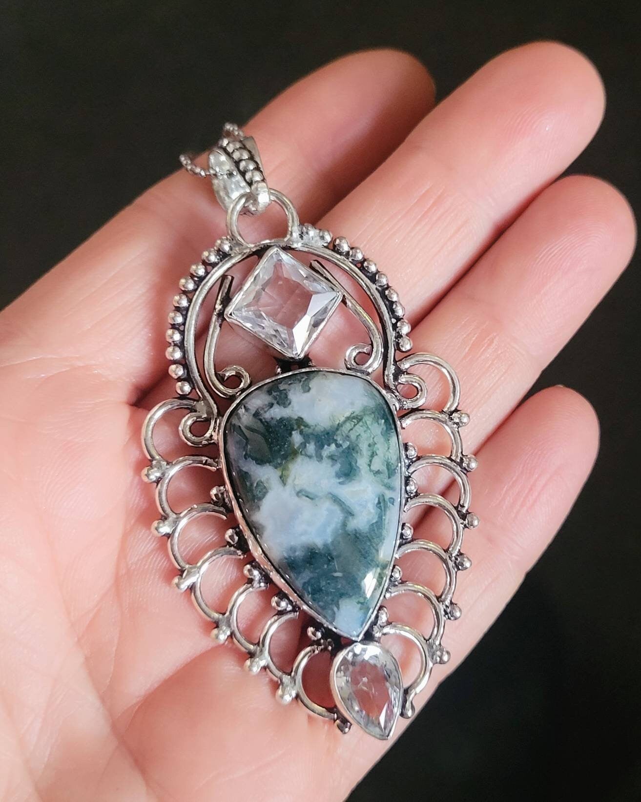 green moss agate necklace with clear topaz in 925 silver pendant crystal healing natural Stone