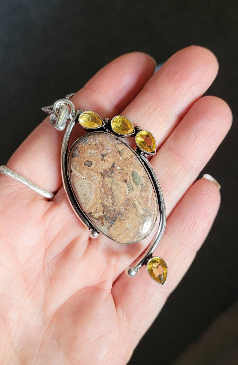 Leopard skin jasper and citrine pendant 925 silver healing crystal necklace witchy jewellery