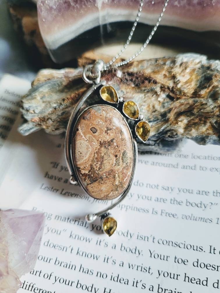 Leopard skin jasper and citrine pendant 925 silver healing crystal necklace witchy jewellery