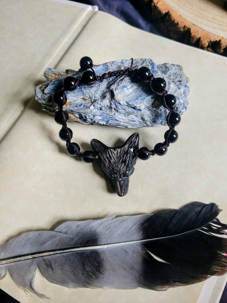 Black Obsidian bracelet wolf head adjustable natural stone crystal healing witchy jewellery