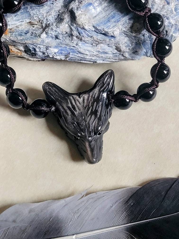 Black Obsidian bracelet wolf head adjustable natural stone crystal healing witchy jewellery