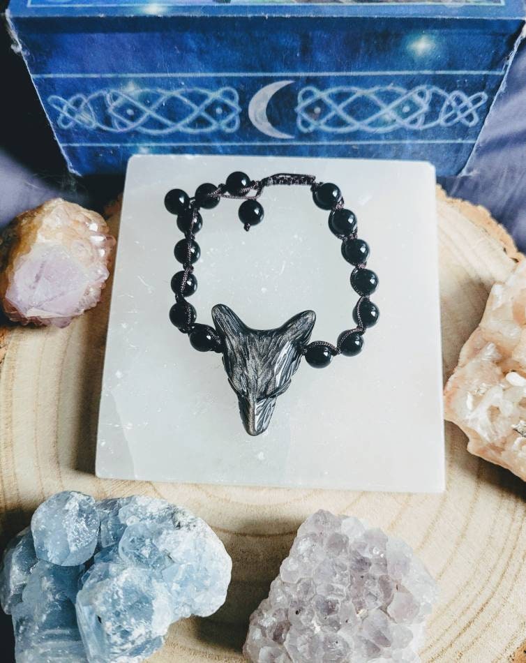 Black Obsidian bracelet wolf head adjustable natural stone crystal healing witchy jewellery