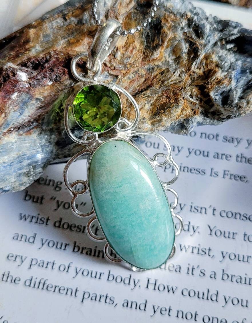 Amazonite pendant necklace with green topaz in 925 silver crystal healing natural stone polished