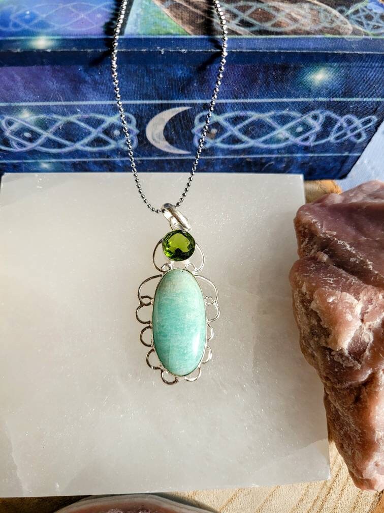 Amazonite pendant necklace with green topaz in 925 silver crystal healing natural stone polished