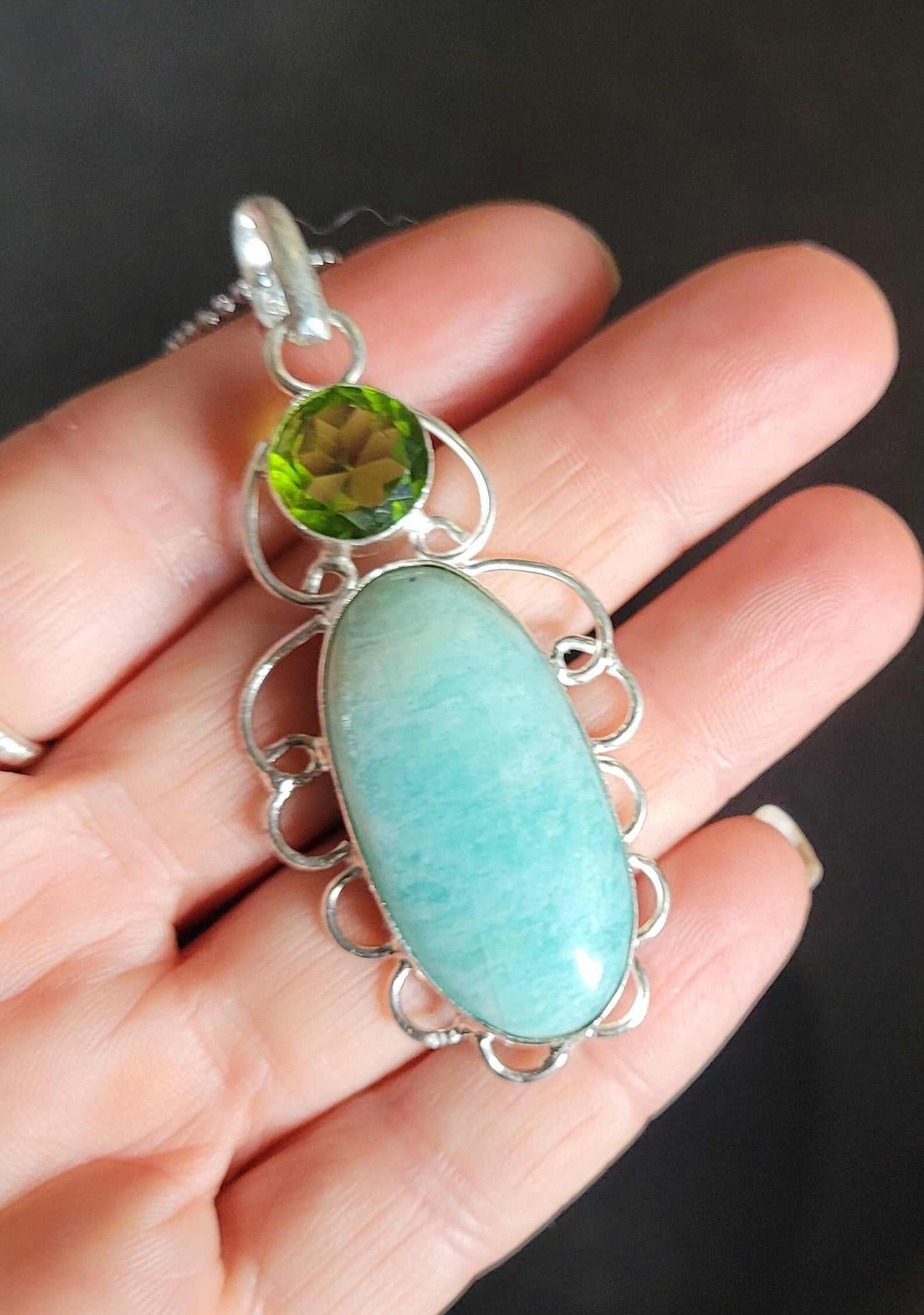 Amazonite pendant necklace with green topaz in 925 silver crystal healing natural stone polished