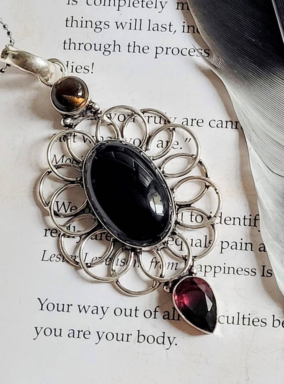 Black onyx pendant necklace with mystic topaz and tigers eye in 925 silver Crystal healing natural polished stones