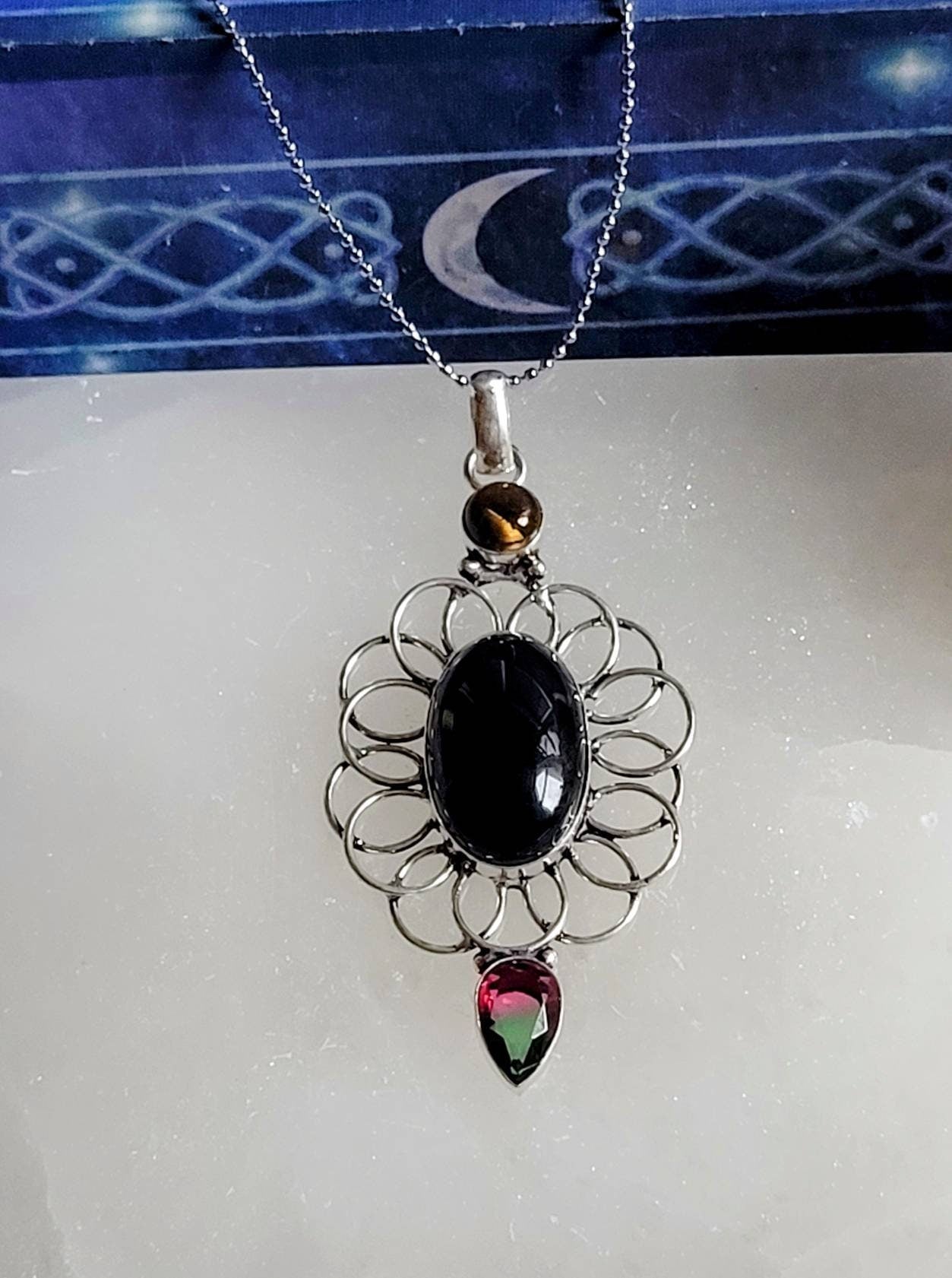 Black onyx pendant necklace with mystic topaz and tigers eye in 925 silver Crystal healing natural polished stones