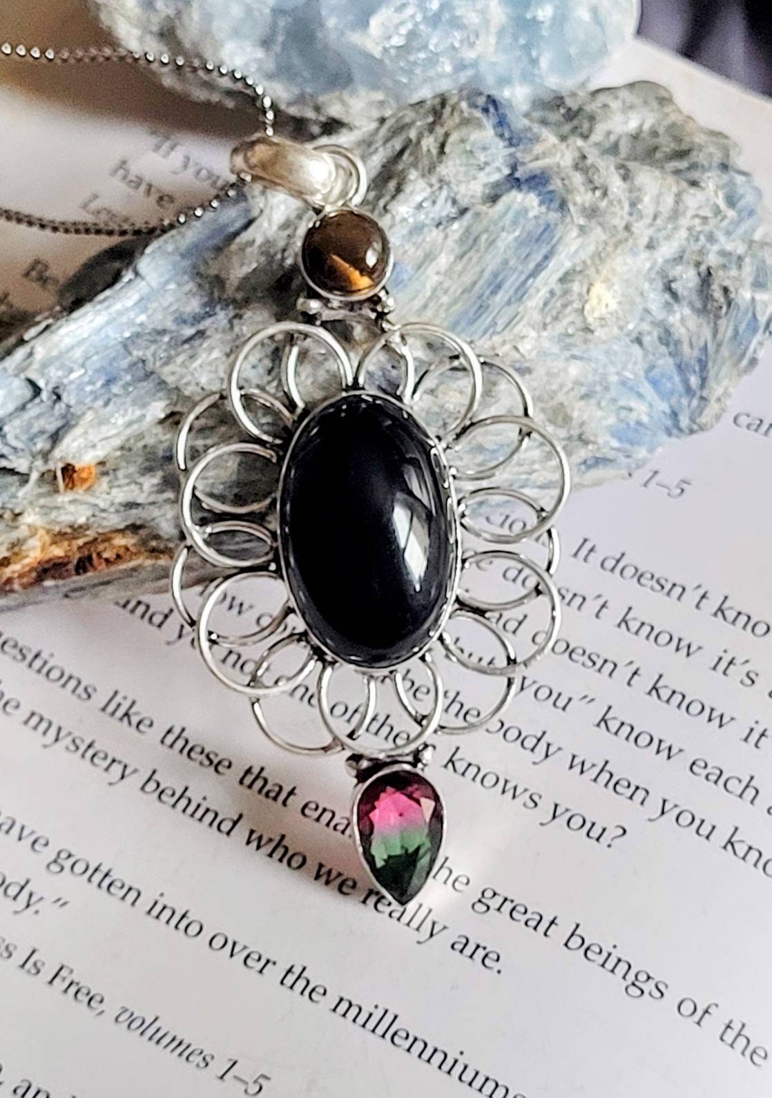 Black onyx pendant necklace with mystic topaz and tigers eye in 925 silver Crystal healing natural polished stones