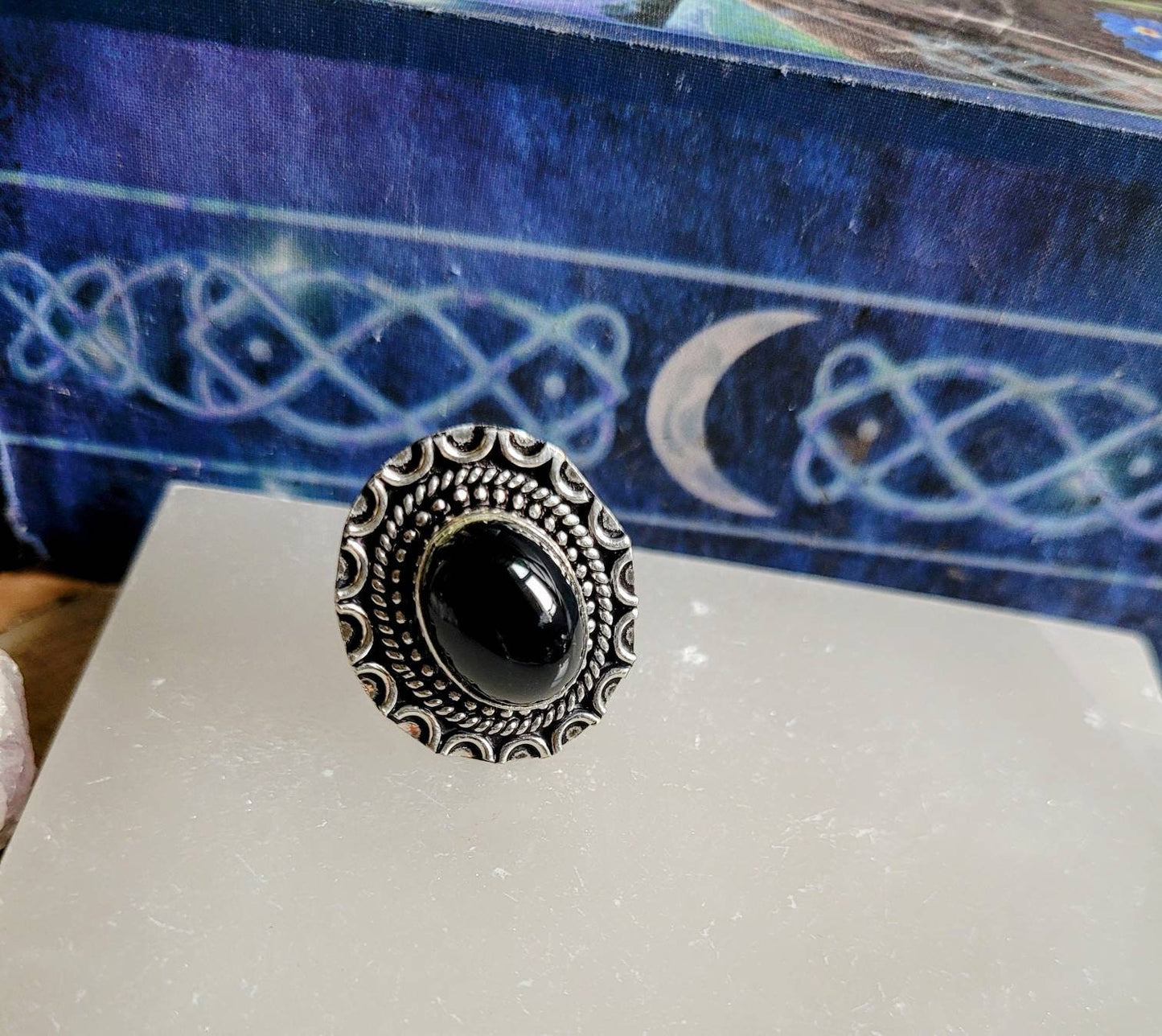 Black onyx ring 925 silver size 8/Q crystal healing protection natural stone