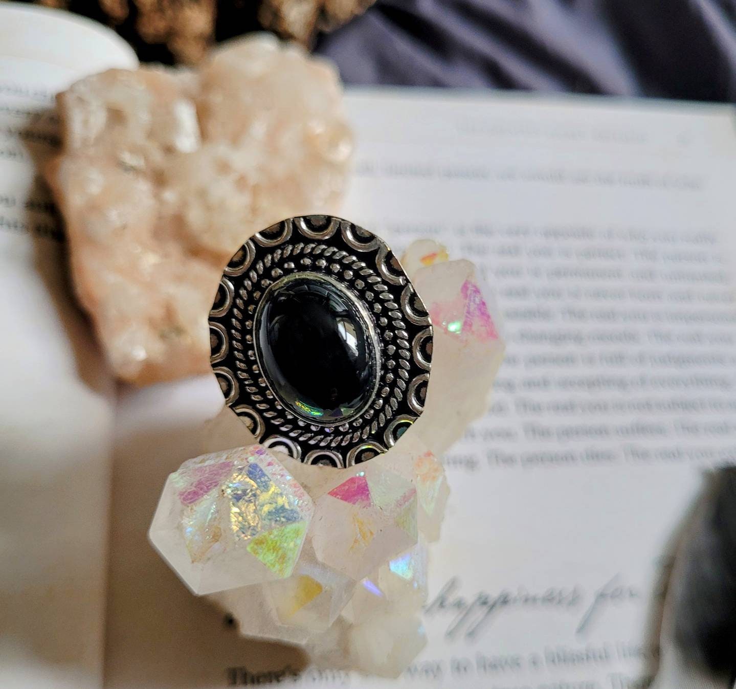 Black onyx ring 925 silver size 8/Q crystal healing protection natural stone