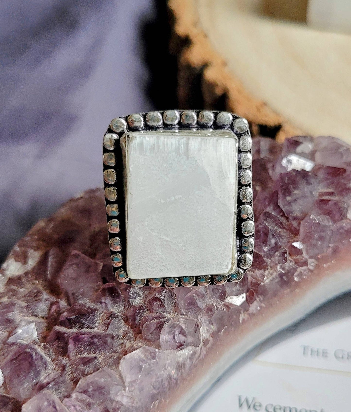 Selenite ring in 925 silver only size 8/P crystal healing natural stone cleansing