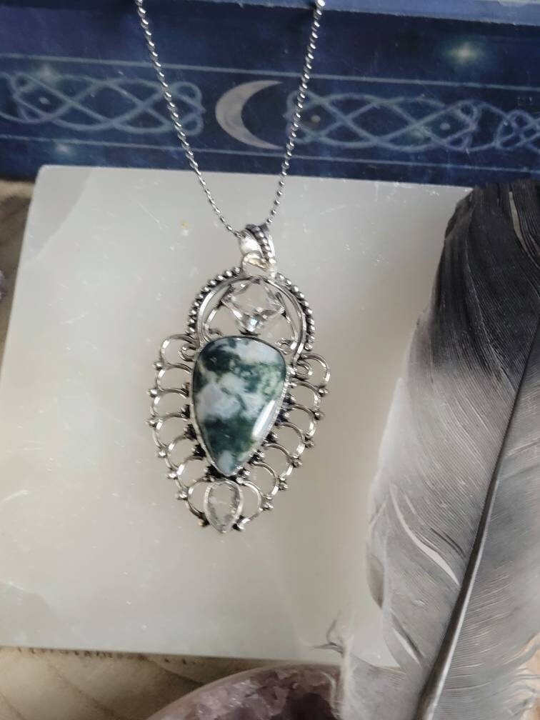 green moss agate necklace with clear topaz in 925 silver pendant crystal healing natural Stone