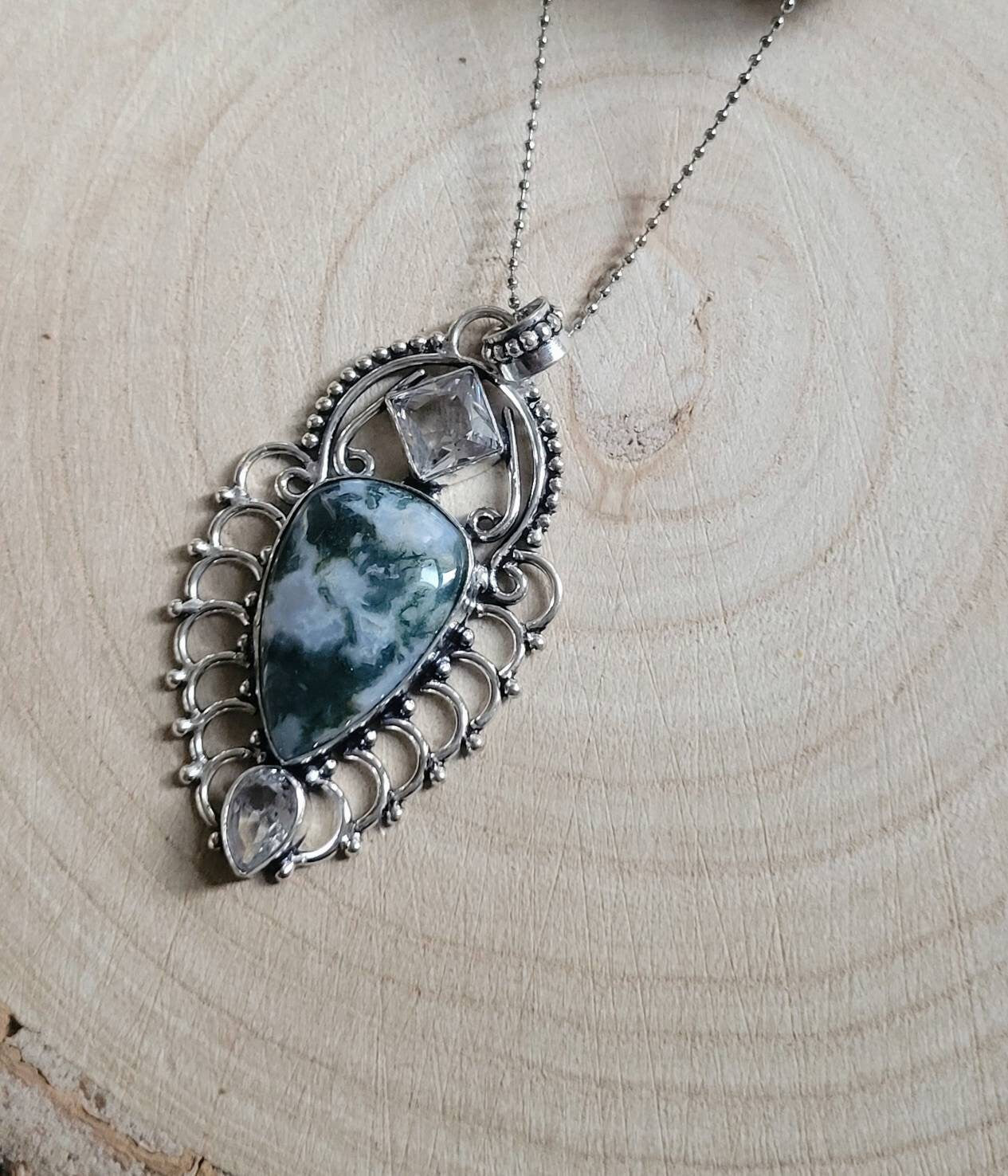 green moss agate necklace with clear topaz in 925 silver pendant crystal healing natural Stone