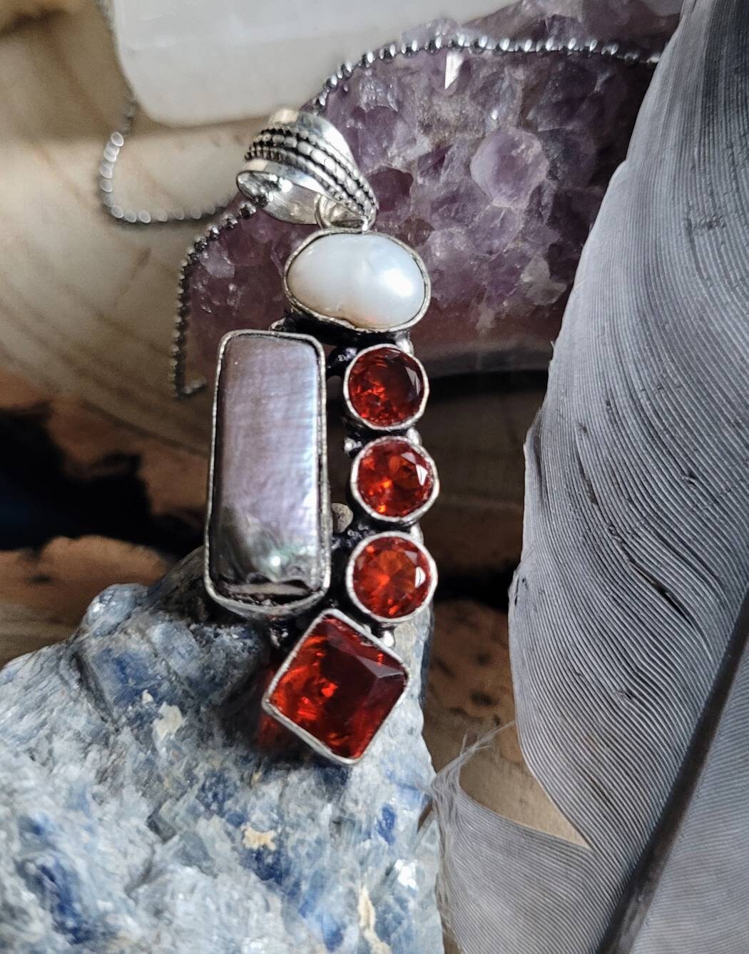 pearl and red garnet pendant necklace 925 silver crystal healing natural stone