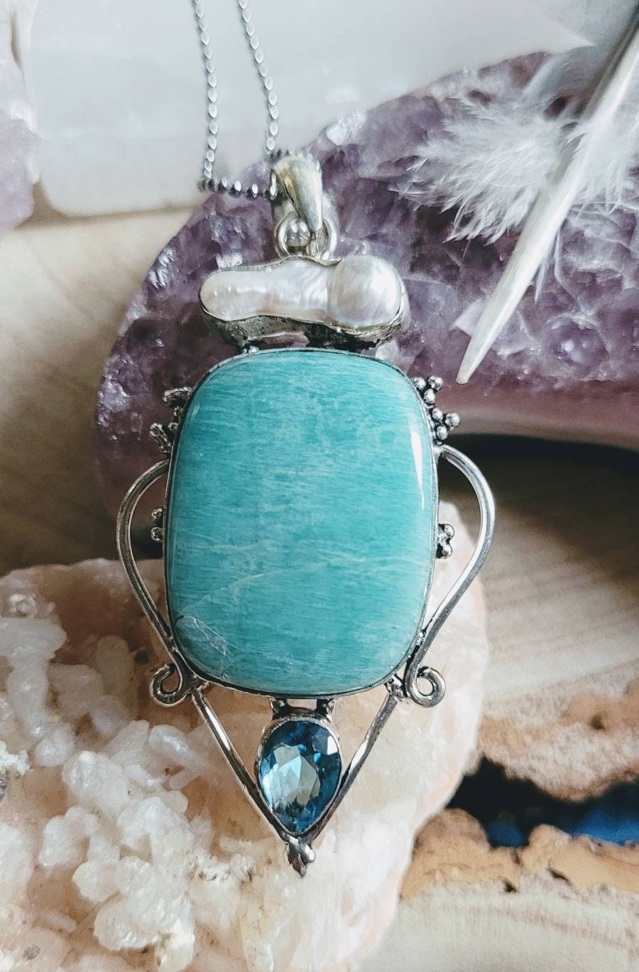 Amazonite pearl and blue topaz pendant necklace  925 silver crystal healing gift for him or her witchy statement jewellery for women or men