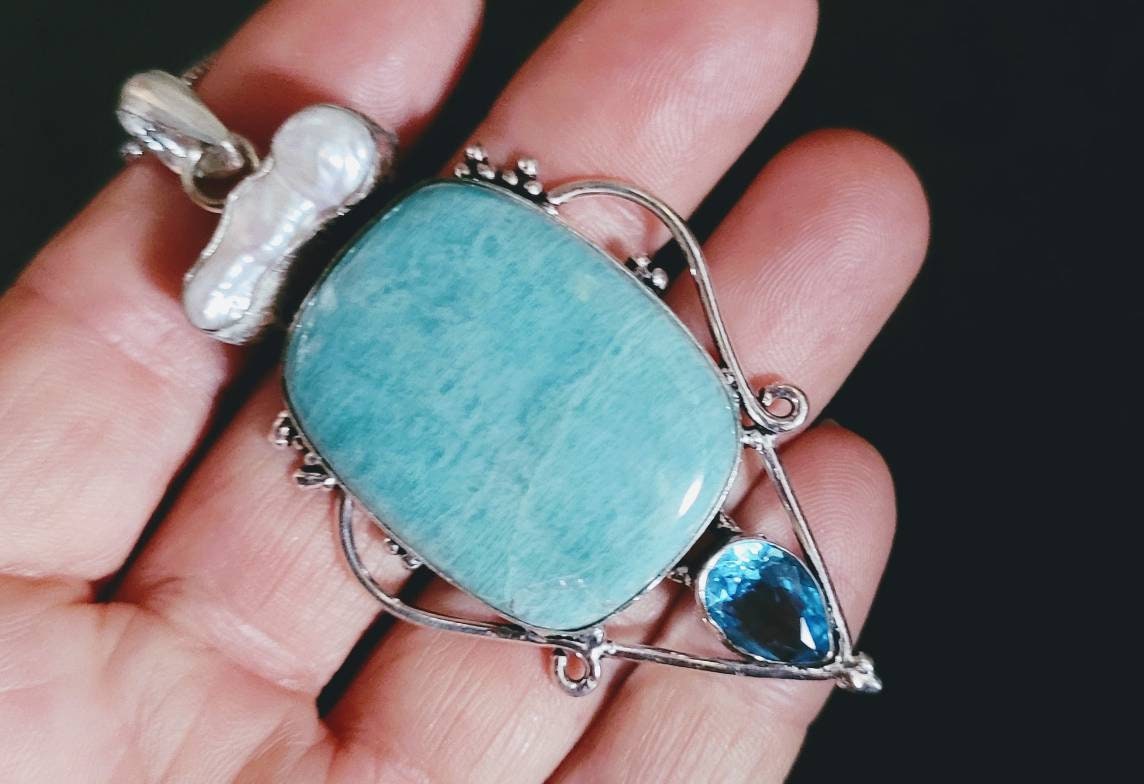 Amazonite pearl and blue topaz pendant necklace  925 silver crystal healing gift for him or her witchy statement jewellery for women or men