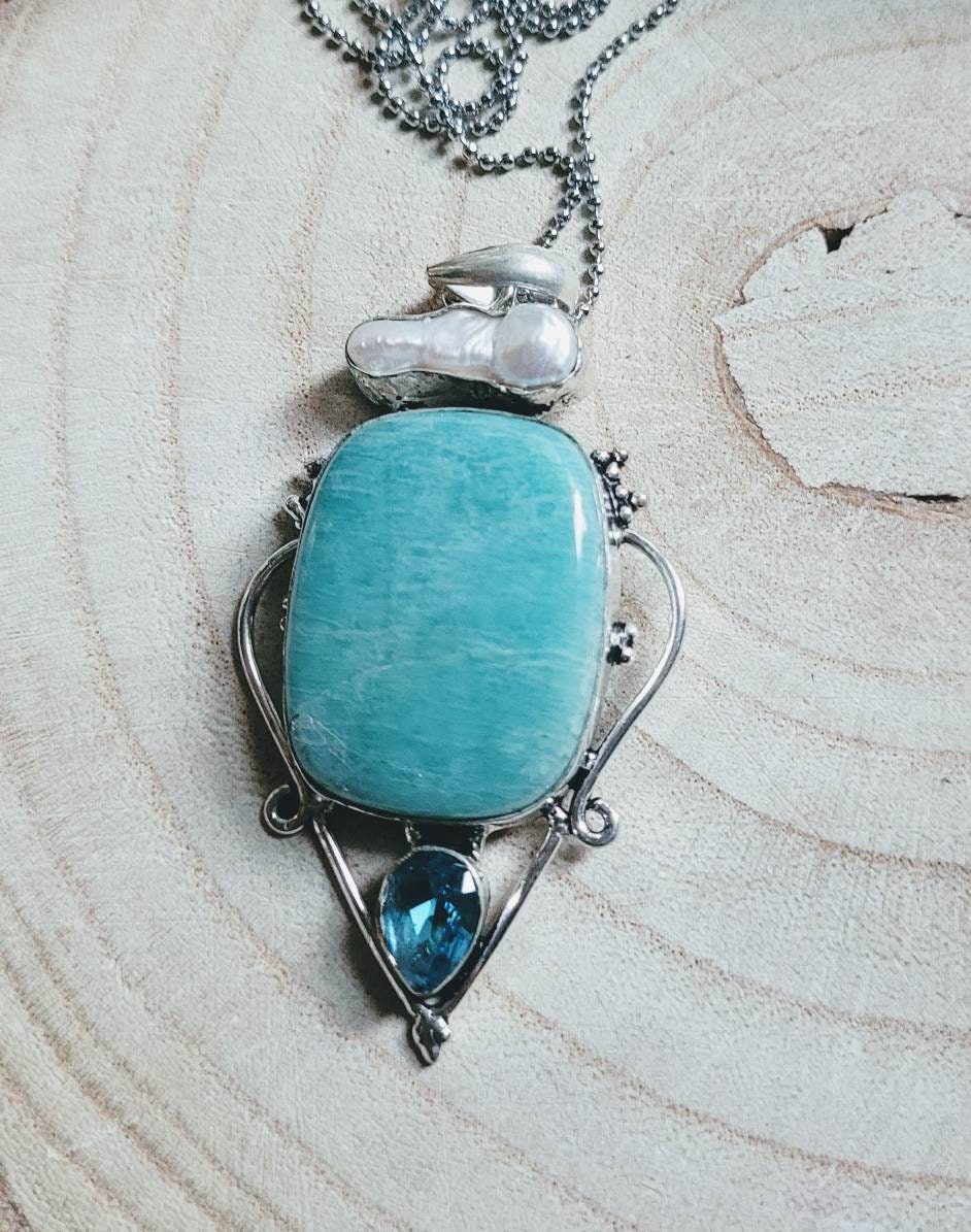 Amazonite pearl and blue topaz pendant necklace  925 silver crystal healing gift for him or her witchy statement jewellery for women or men