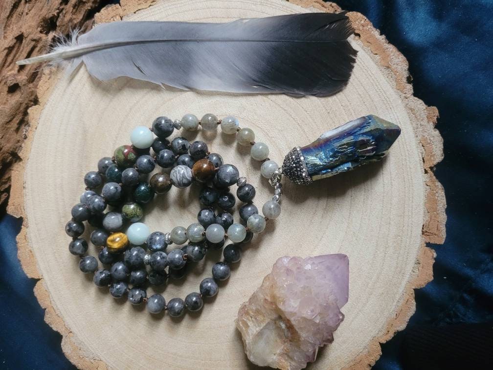 labradorite and larvikite beaded necklace with titanium quartz pendant