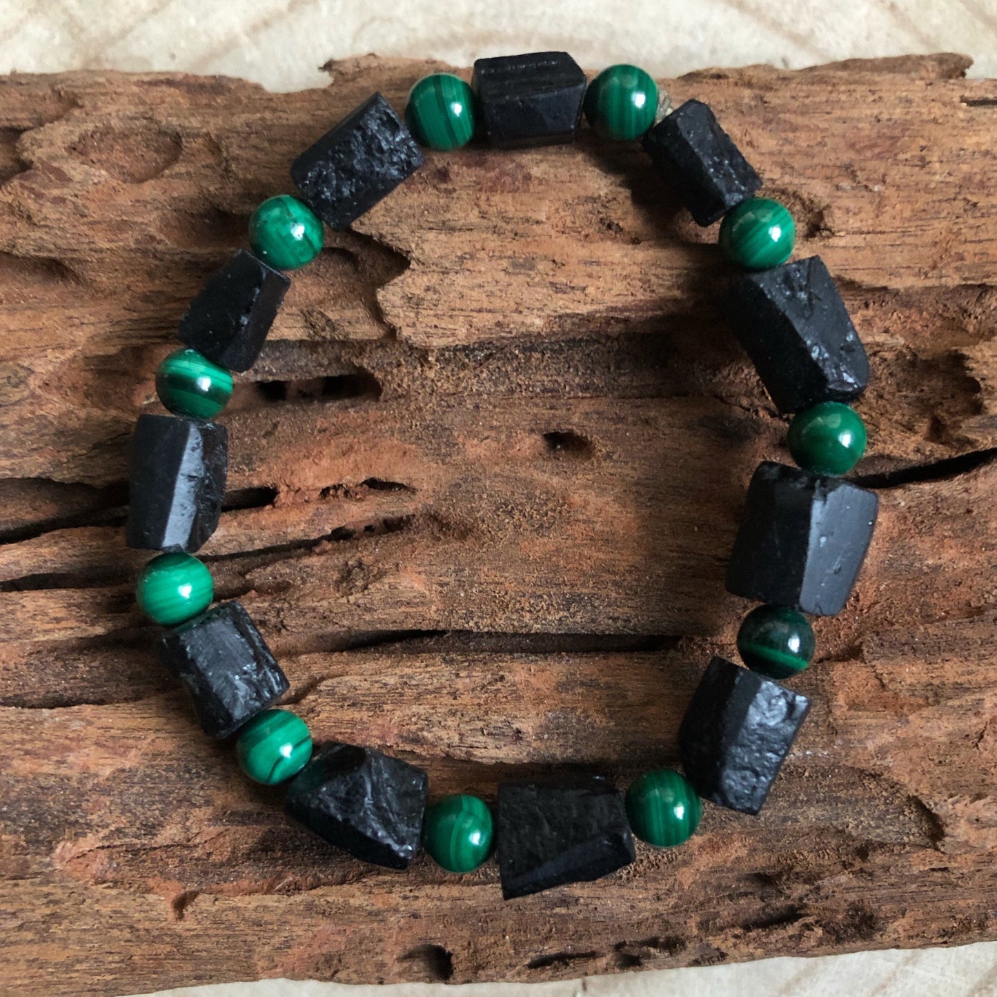 Raw black tourmaline and malachite bracelet with crystal gemstone jewellery natural stone gift for men or women