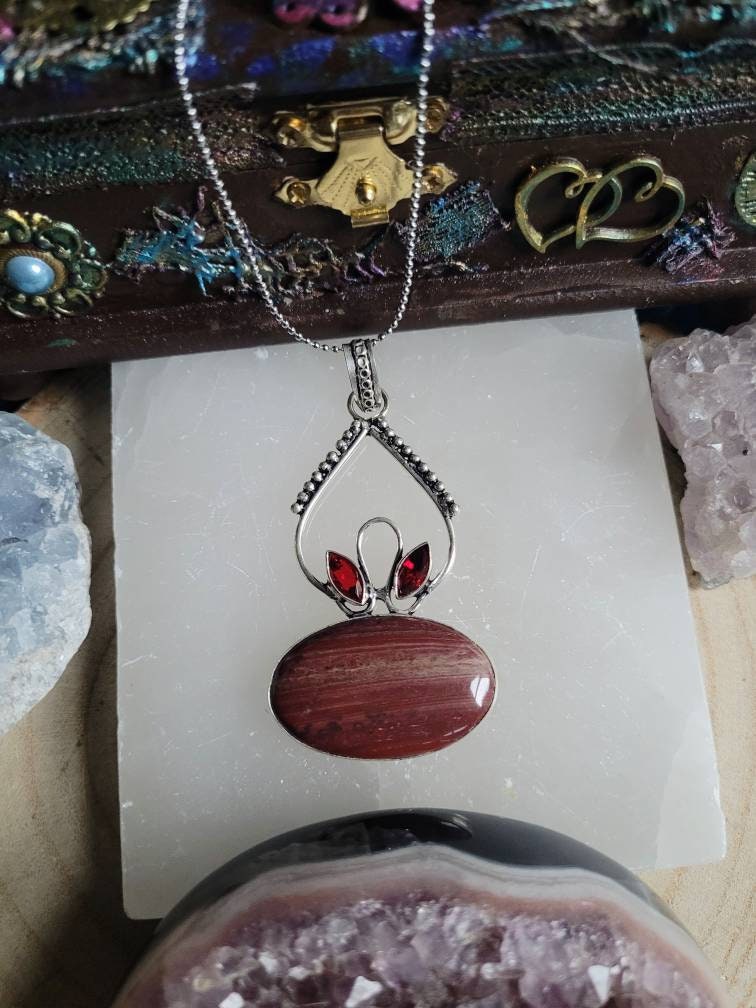 Red Jasper necklace with red garnet 925 silver pendant crystal healing natural Stone