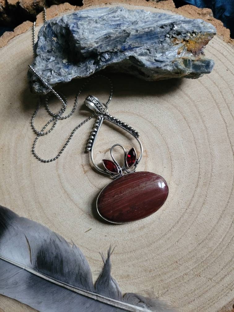 Red Jasper necklace with red garnet 925 silver pendant crystal healing natural Stone