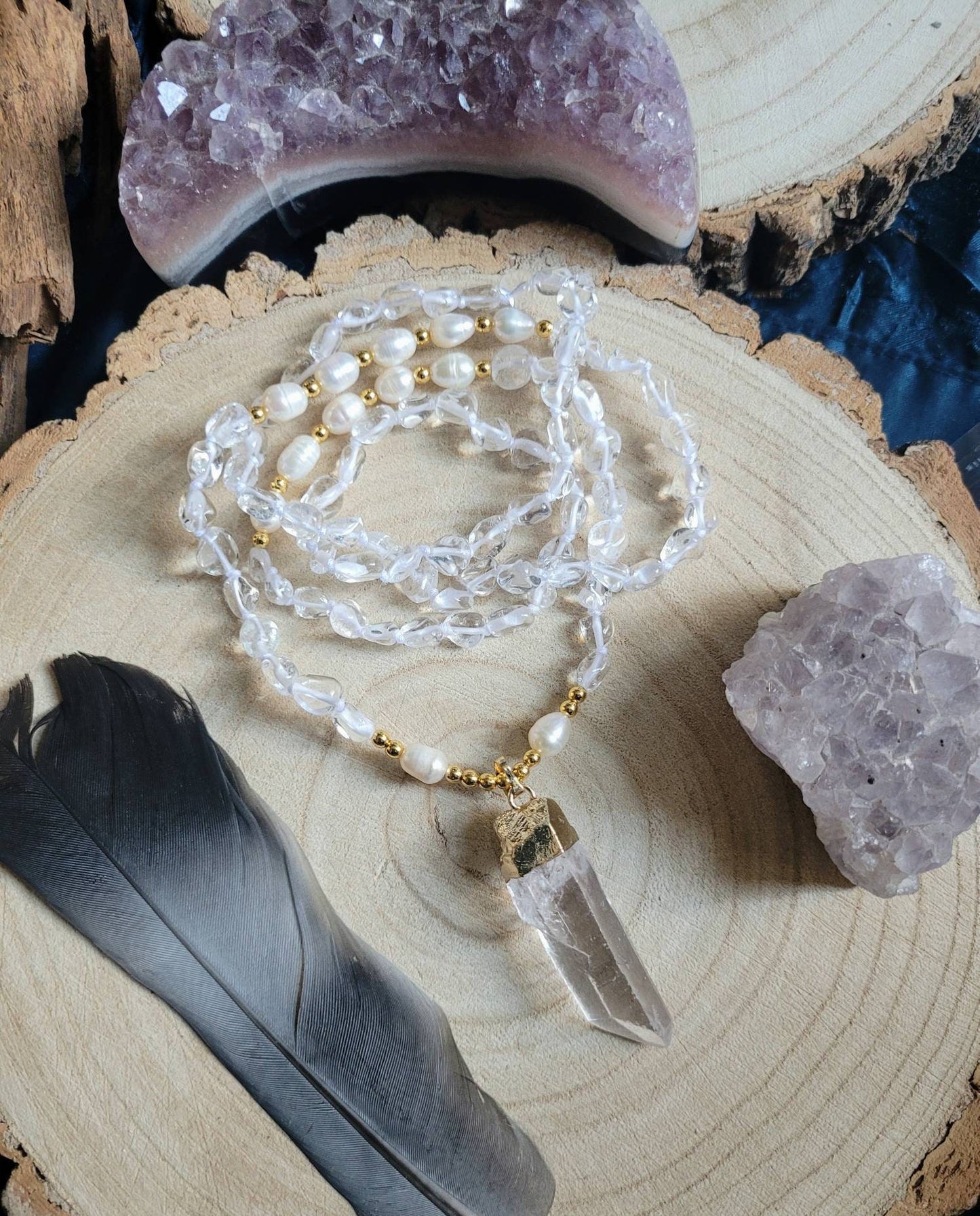 Clear Quartz and pearl necklace knotted raw quartz pendant crystal healing crown chakra witchy gemstone jewelry gift for her or him