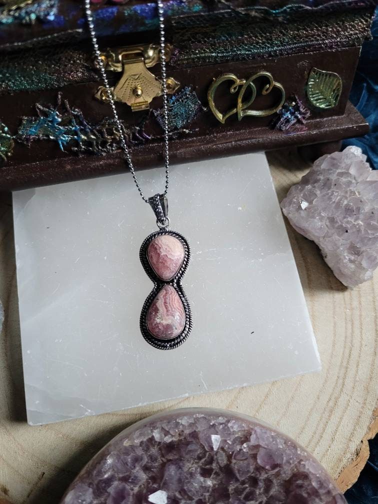 Rhodochrosite pendant necklace 925 silver Crystal healing jewellery gift for her, witchy heart chskra jewelry