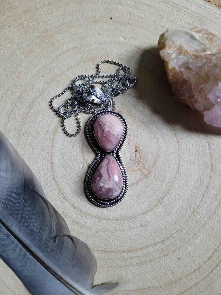 Rhodochrosite pendant necklace 925 silver Crystal healing jewellery gift for her, witchy heart chskra jewelry