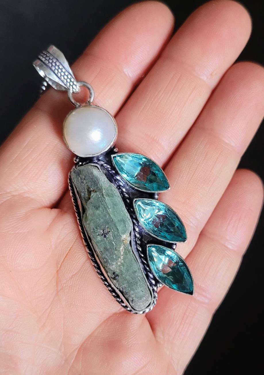 Kyanite necklace with pearl and blue topaz in 925 silver pendant Crystal jewelry natural stone