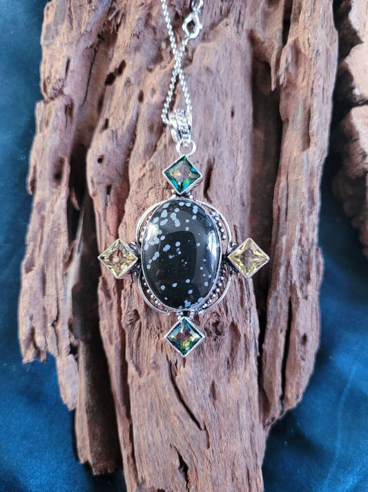 Snowflake Obsidian pendant with citrine and mystic topaz necklace encased in 925 Silver natural stone crystal healing jewellery