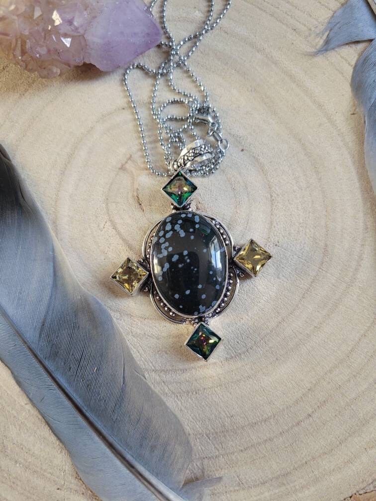 Snowflake Obsidian pendant with citrine and mystic topaz necklace encased in 925 Silver natural stone crystal healing jewellery