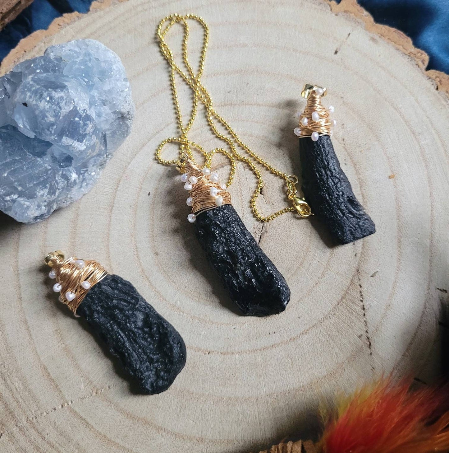 Large tektite pendant with pearl necklace meteorite jewellery crystal natural Stone jewelry