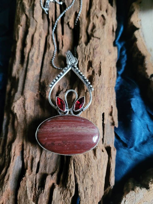 Red Jasper necklace with red garnet 925 silver pendant crystal healing natural Stone