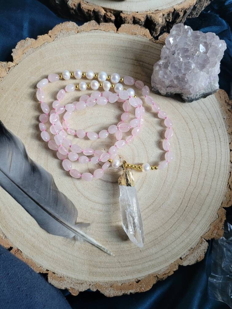 Rose Quartz and pearl necklace with clear quartz pendant Knotted crystal healing gift for her witchy jewellery