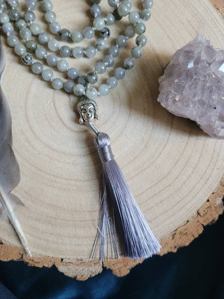 Labradorite mala necklace knotted 108 beads spiritual support, crystal healing