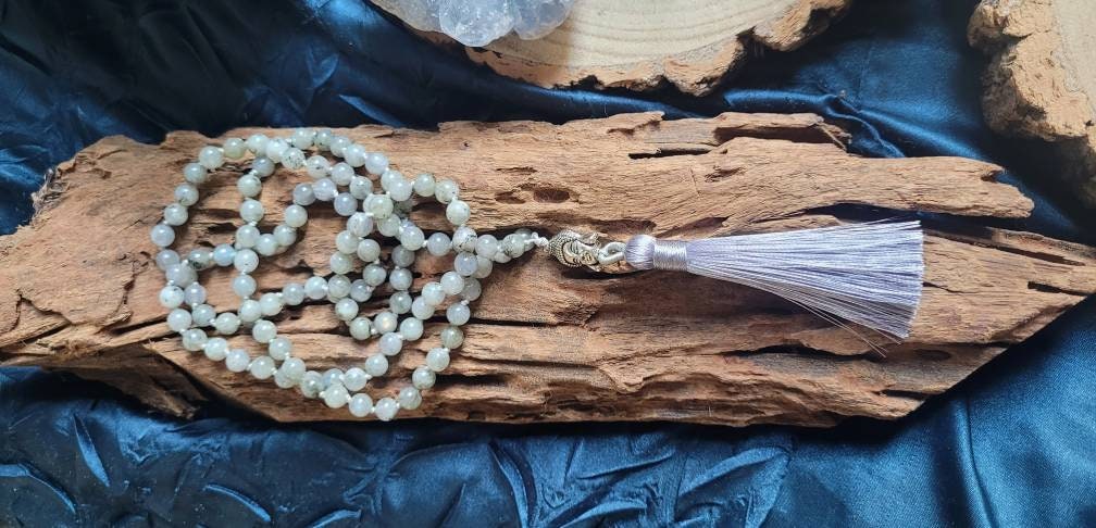 Labradorite mala necklace knotted 108 beads spiritual support, crystal healing