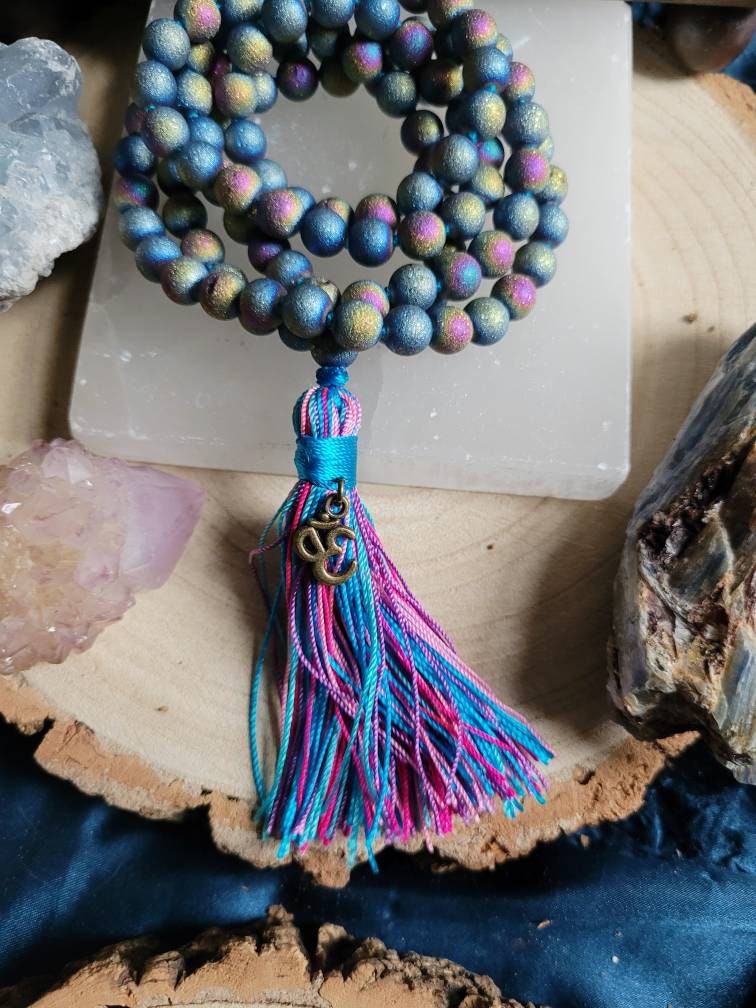 Rainbow Druzy agate mala necklace knotted 108 beads crystal healing jewellery meditation jewelery gift for him or her