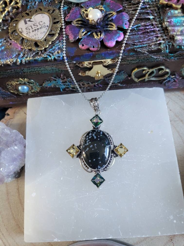 Snowflake Obsidian pendant with citrine and mystic topaz necklace encased in 925 Silver natural stone crystal healing jewellery