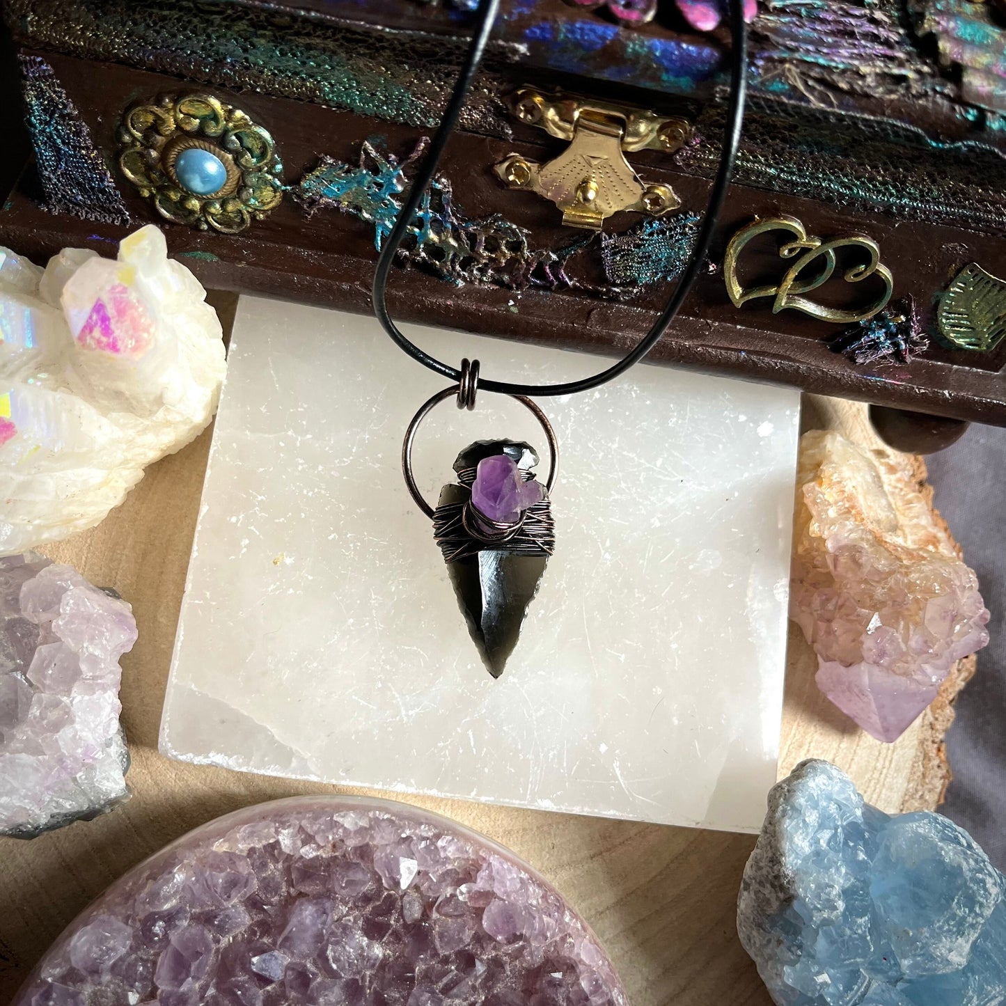 Smoky Quartz and amethyst arrow pendant necklace gift for him or her crystal healing witchy jewellery gemstone jewelry