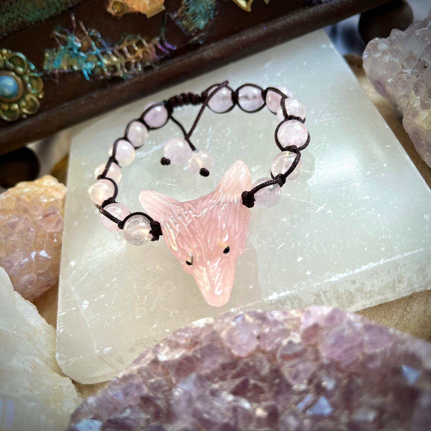 Rose Quartz Bracelet wolf adjustable crystal healing gift for him or her witchy jewellery for women heart chakra