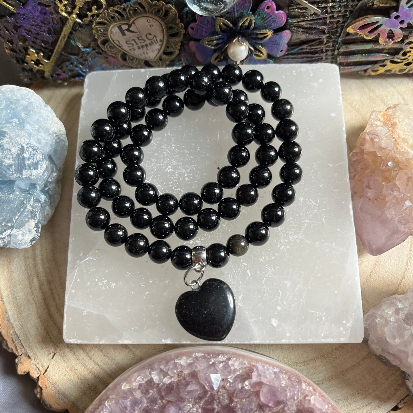 Black Tourmaline Beaded Necklace black obsidian heart crystal healing protection amulet gift for him or her